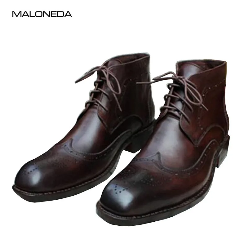 

MALONEDE Handmade Goodyear Full Genuine Leather Brogue Lace up Ankle Boots for Men's Short Dress Boots