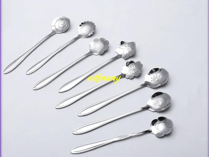 

200pcs/lot Tableware Flower Shape Sugar Stainless Steel Silver Tea Coffee Spoon Teaspoons Ice Cream Flatware Kitchen Tools