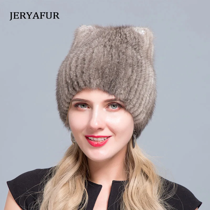 JERYAFUR Mink Fur HAT Women\'s Knitted Sweater Hat New Fashion European And American Cat Style Ski Caps