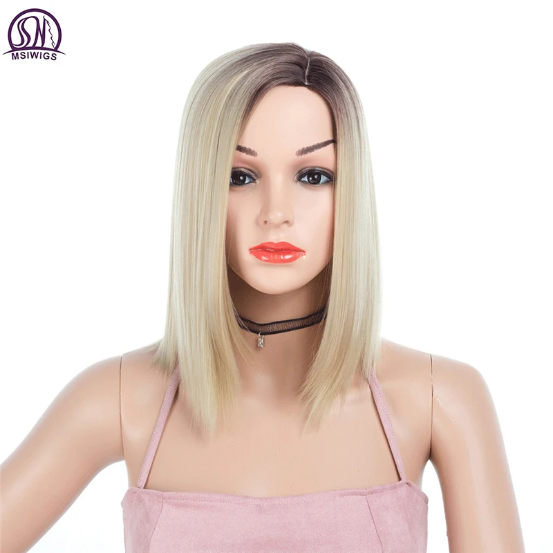 MSIWIGS Black Blonde Short Straight Wigs Synthetic Women Wig Grey Light Root Natural Ombre Hair Wig Heat Resistant