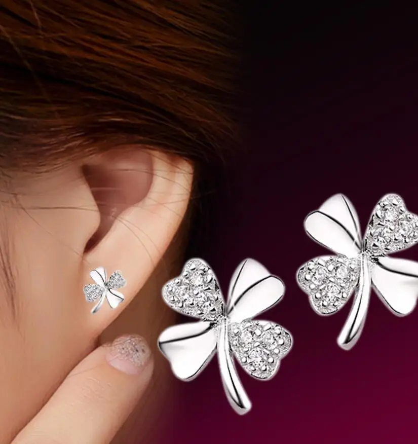 Hot Sale 925 Sterling Silver Heart Earring Brincos Pendientes Lucky Clover Stud Earring For Women Gift Oorbellen S-e55