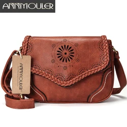 Annmouler marca bolsa de ombro das mulheres do vintage couro do plutônio crossbody saco oco para fora senhoras mochila marrom retro bolsa para meninas