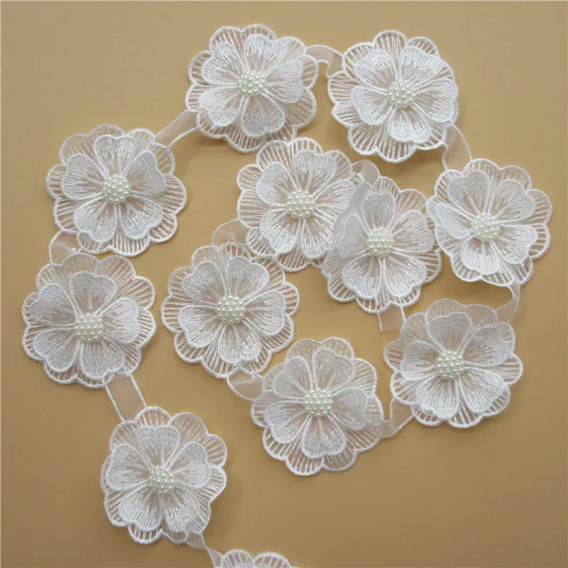 10x White Pearl Flower Handmade Beaded Embroidered Lace Edge Trim Ribbon Double Layered Applique Dress DIY Sewing Craft Decor