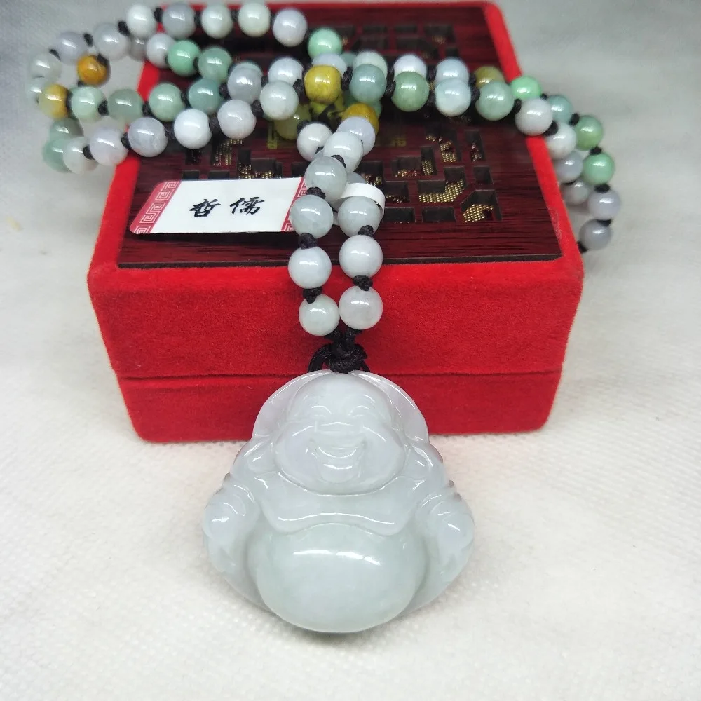 

Zheru Jewelry Pure Natural Jadeite Light Green Happy Buddha Pendant Three-color jadeite jade necklace A level national certifica