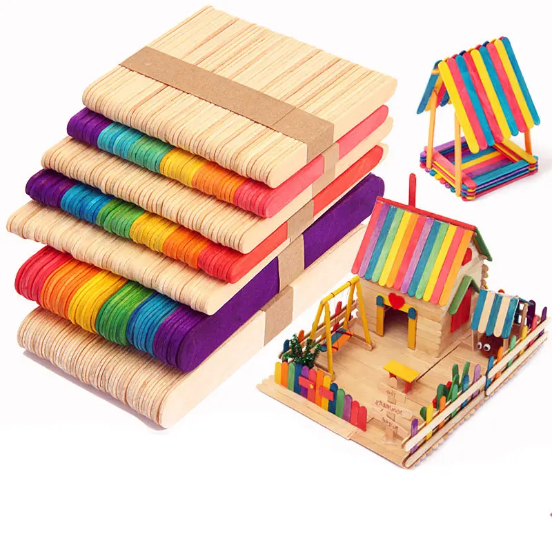 

50pcs Colored Wood Craft Sticks Wooden Ice Cream Sticks Kids DIY Hand Crafts Lolly Cake Tools AN88