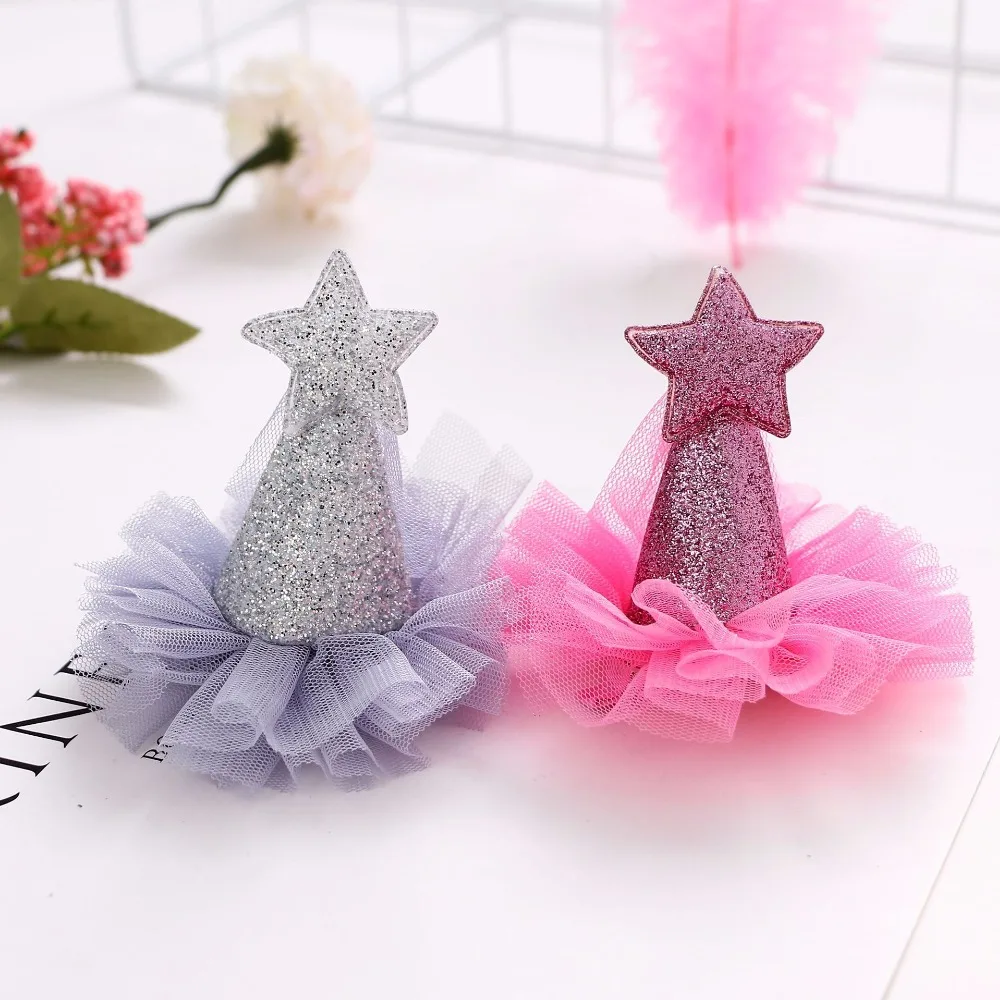 

Boutique 10pcs Fashion Cute Glitter Star Birthday Party Hat Hairpins Solid Lace Bow Cap Hair Clips Prncess Hair Accessories