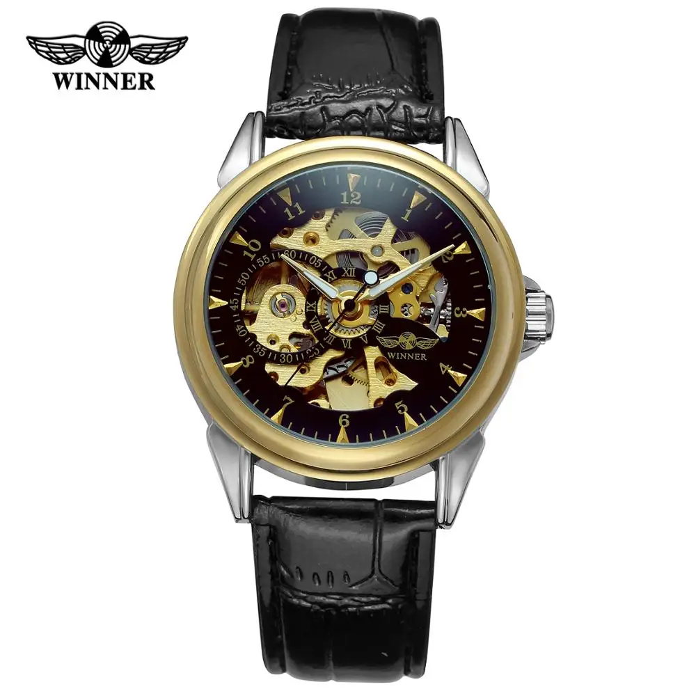 T-WINNER WATCH Arabic Numerals black and golden surface with Roman numerals black leather strap men's automatic watch