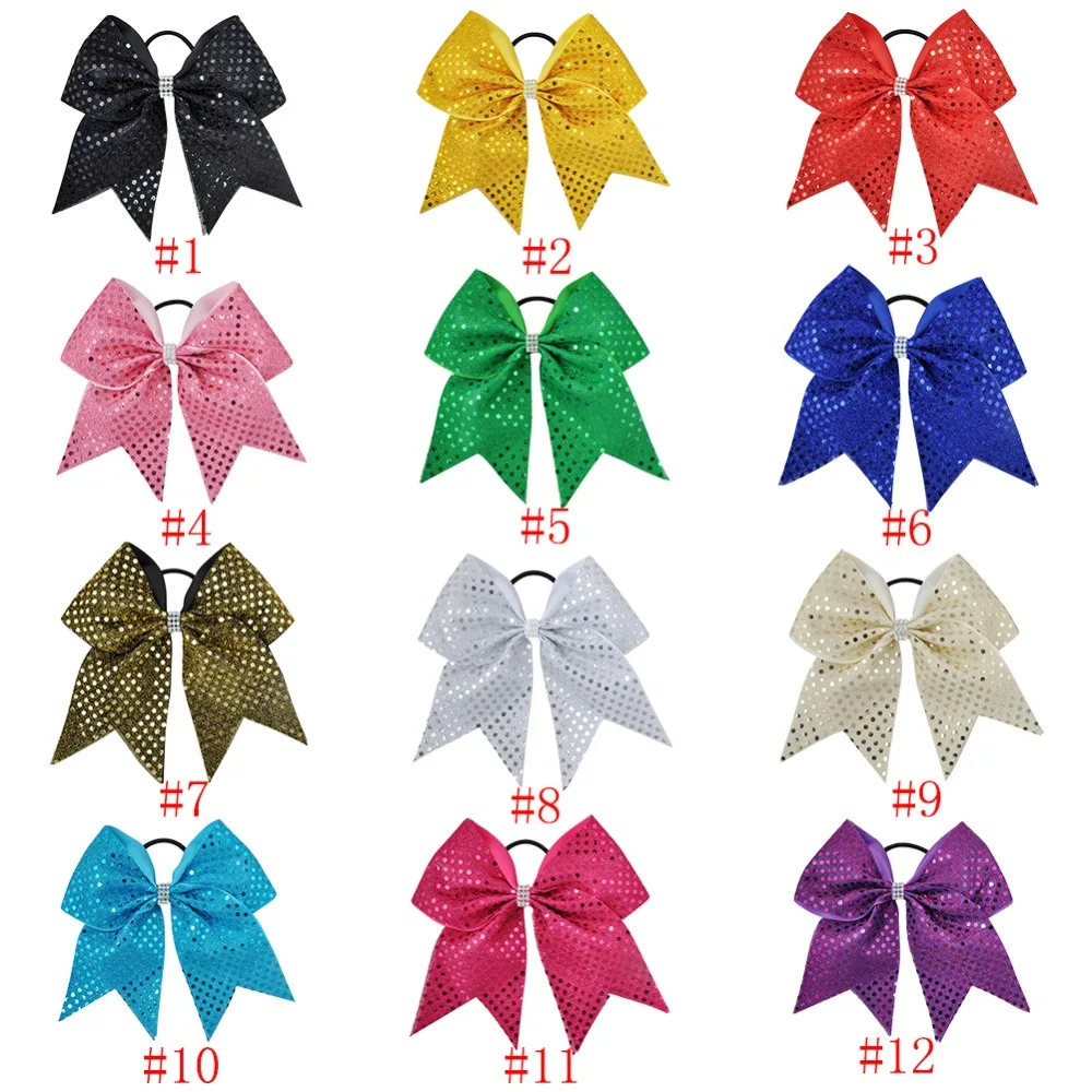 12Pcs 7 Inches Sequin Cheerleading Bows Sets Woman Large Bowknot Elastic Hairband Girls Hair Bows Accessories Ties Gum Rope