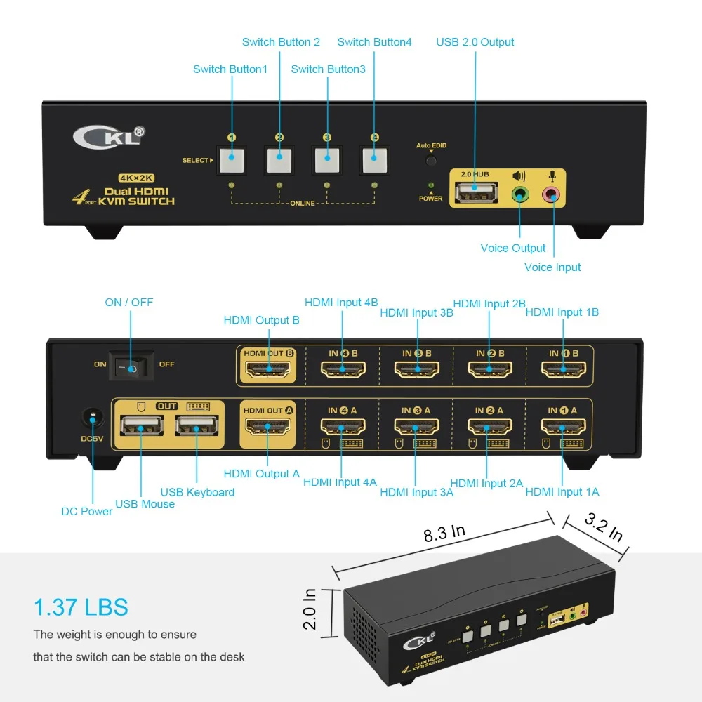 Interruptor HDMI KVM de 4 puertos, Monitor Dual (pantalla de exposición), divisor de interruptor CKL HDMI KVM, salida 4 en 2 con micrófono de Audio