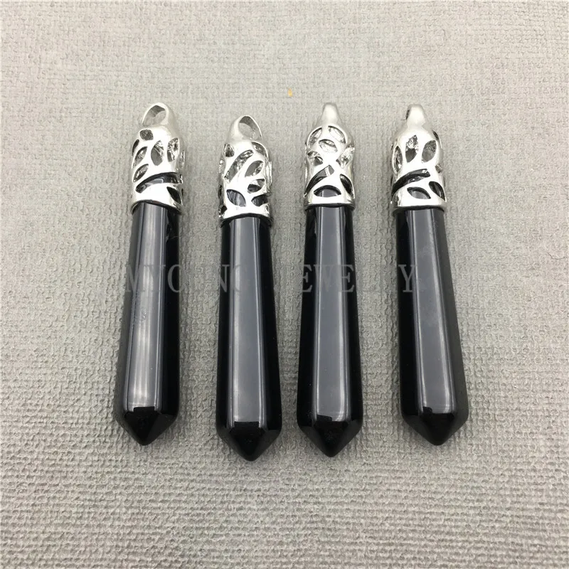 MY0610 Onyx Spike Pendant with Silver Plated Incised Cap ,Stick Charm Black Agates Pendant For Jewelry