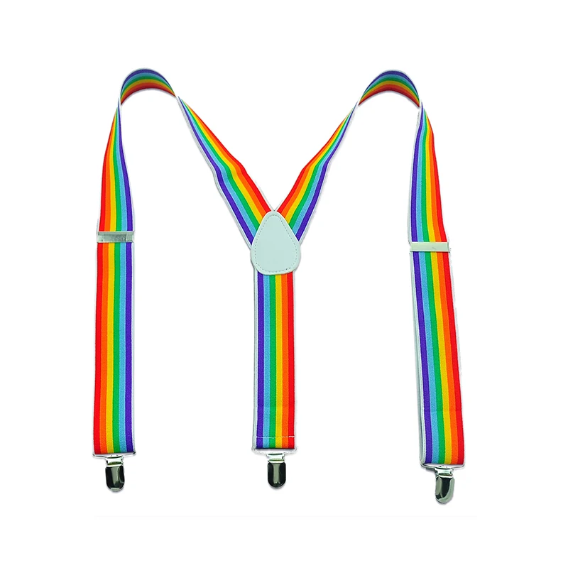 New Women Men's Shirt Suspender Belt For Trousers Pants Holder Clip-on Braces Elastic 3.5 Cm Wide Rainbow Striped Pattern Straps