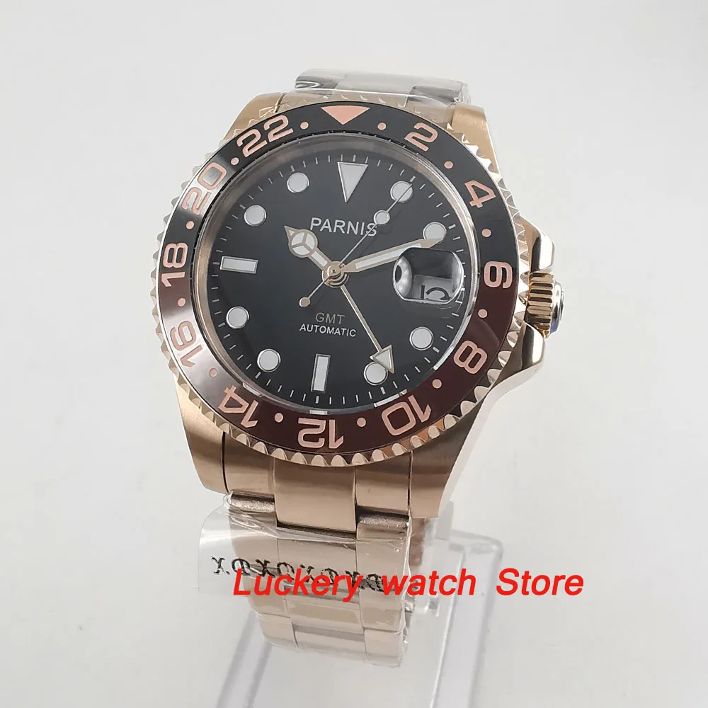 40mm Parnis rose gold case Ceramic bezel black dial GMT hands luminous marks sapphire glass automatic Mens Watch-PA78