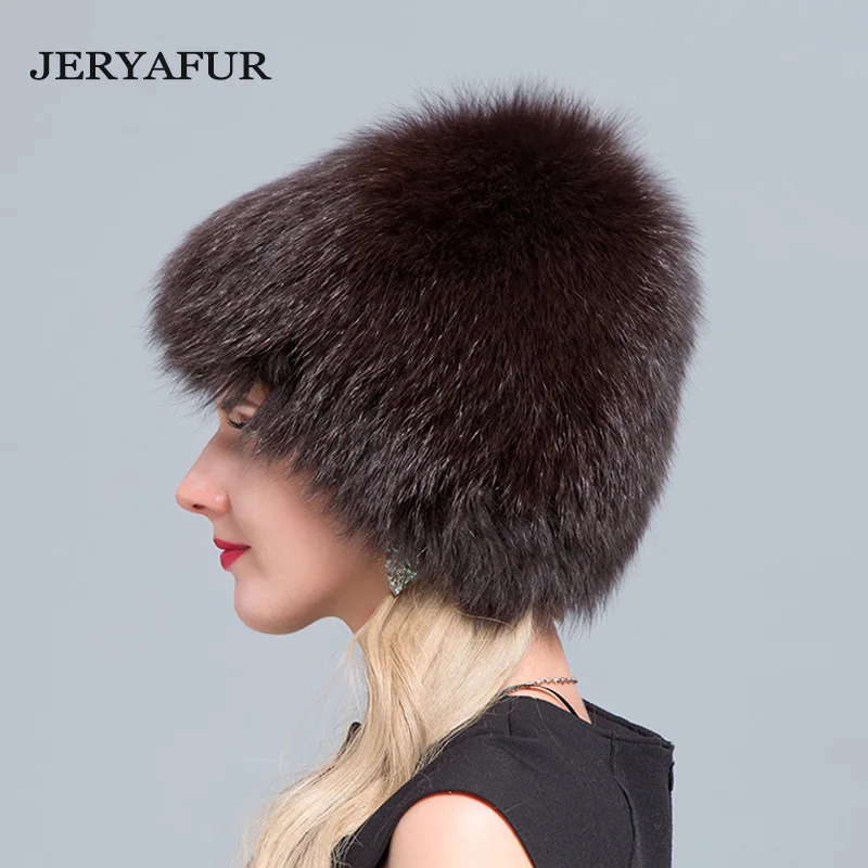 JERYAFUR  NEW Bomer Caps Women Winter Fur Hat Genuine Fox Fur Hats Knitted Silver Fox Fur Caps Female