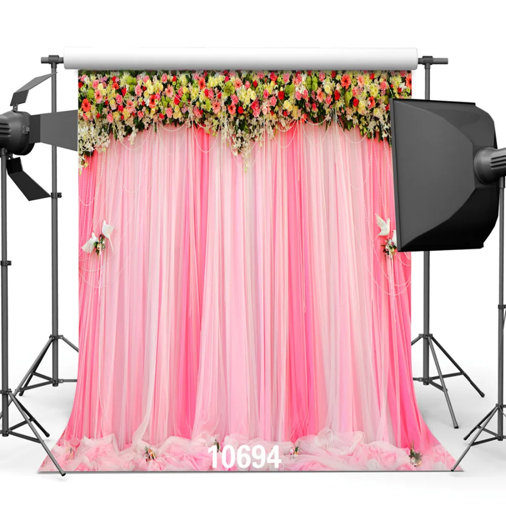 Pink Drapes Wedding Party Rose Floral Customized Vinyl Photography Backdrops Computer Printed Backgrounds for Photo Studio