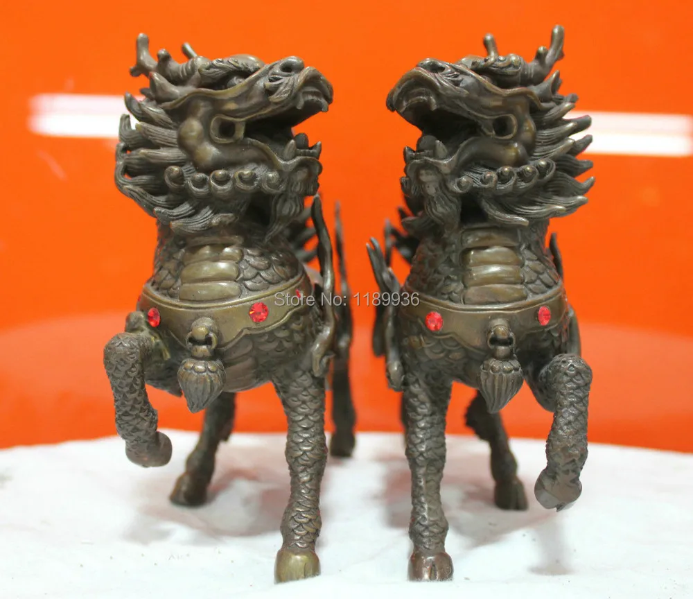 Chinese Folk Culture HandMade meticulous Pure Bronze statue Kirin Pair Sculpture