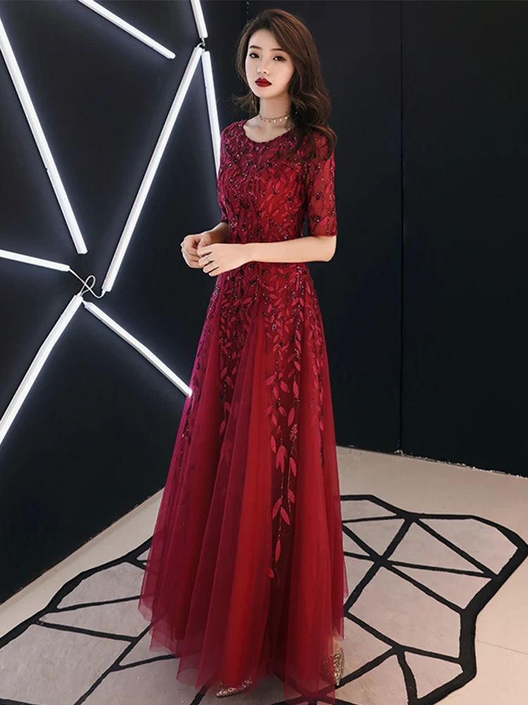 Customized Long Evening Dresses Robe De Soiree Sexy Luxury Wine Red Sequin Formal Party Dress Pom Gown WY1134