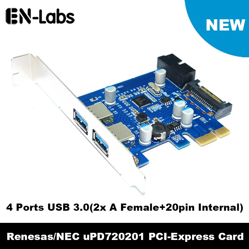 En-Labs 4 Port PCIE PCI-e to USB 3.0 (2 x Type A+ 20 Pin Internal) Expansion Card Hub PCI Express Card Adapter w/ SATA Power