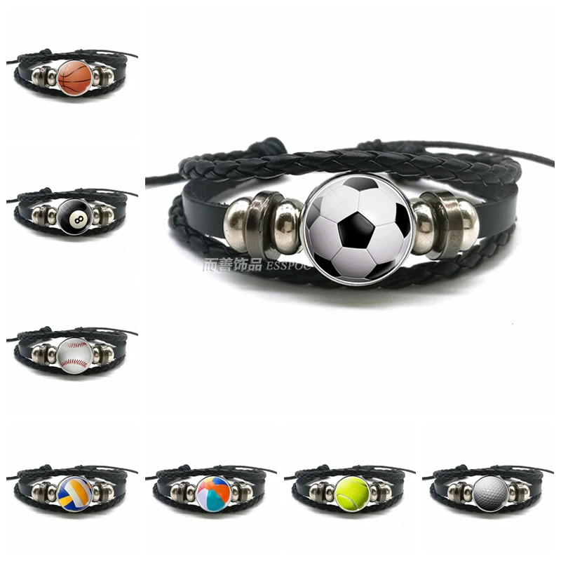 Soccer Basketball Volleyball Glass Alloy Button Bracelet Punk Multilayer Braided Leather Bracelet Football Sport Lover Gift