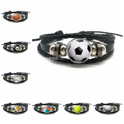 Soccer Basketball Volleyball Glass Alloy Button Bracelet Punk Multilayer Braided Leather Bracelet Football Sport Lover Gift