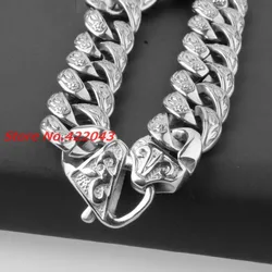 Fashion Mens Boy's Bangles 15mm Solid Silver color 316L Stainless Steel Cast Flower Design Cuban Link Chain Bracelets 9