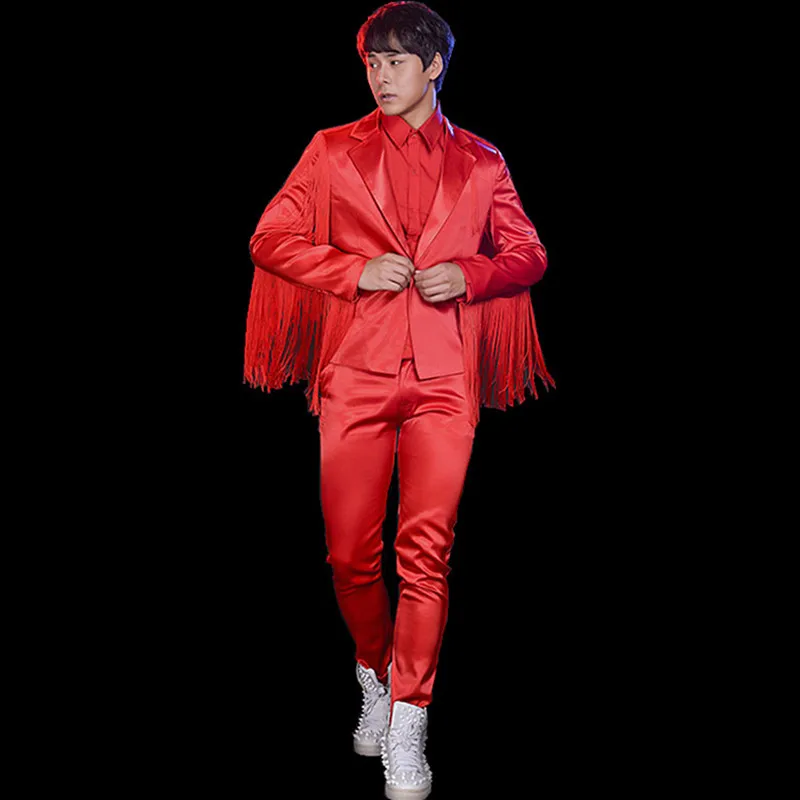 Men Red Fringe Blazer 3 Piece Suits Nightclub Bar Party Prom Male Singer Drum Costume Star Concert Stage Performance Outfit