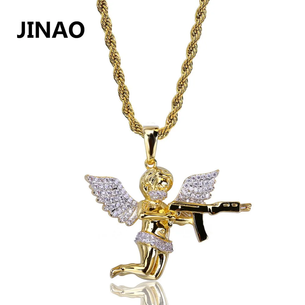 JINAO Hip Hop Copper Gold Color Plated Iced Out Micro Pave CZ Stone Angel Wing With Full Pendant Necklace for Men Women