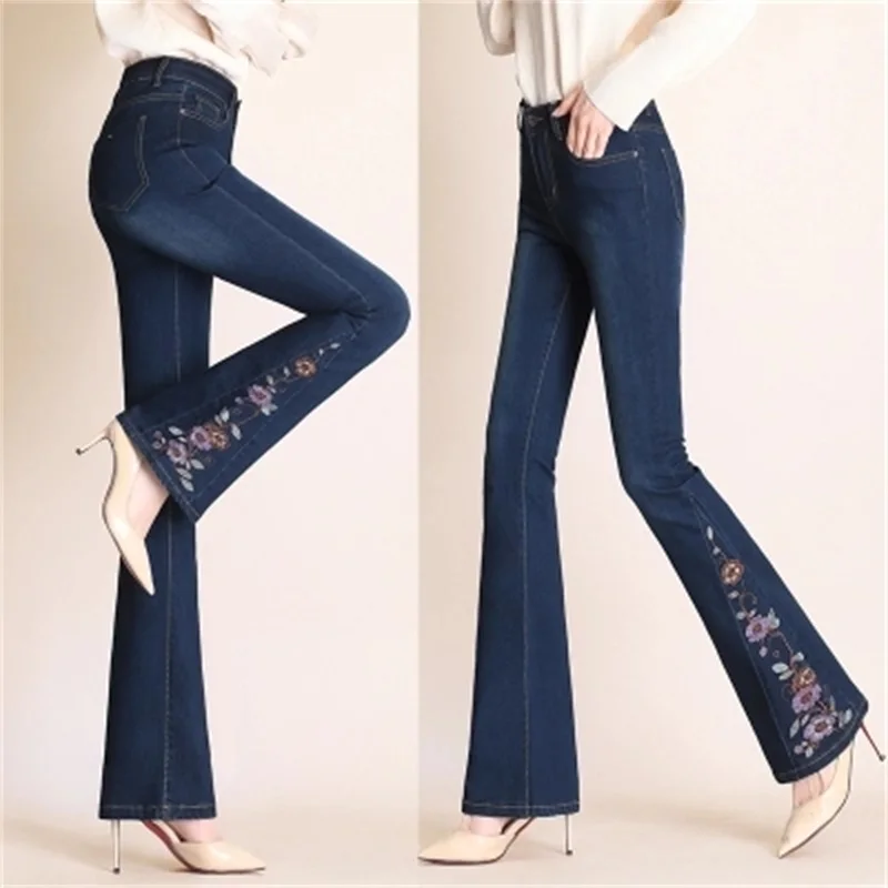 

Spring and autumn new women's stretch jeans high waist fashion national wind embroidery micro-horn jeans TB180816