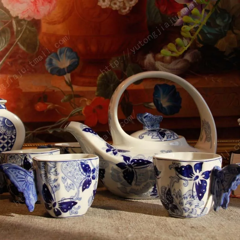 Kung Fu Teaware Set Jingdezhen Blue and White Porcelain Butterfly Love Four-person Set  wedding decoration