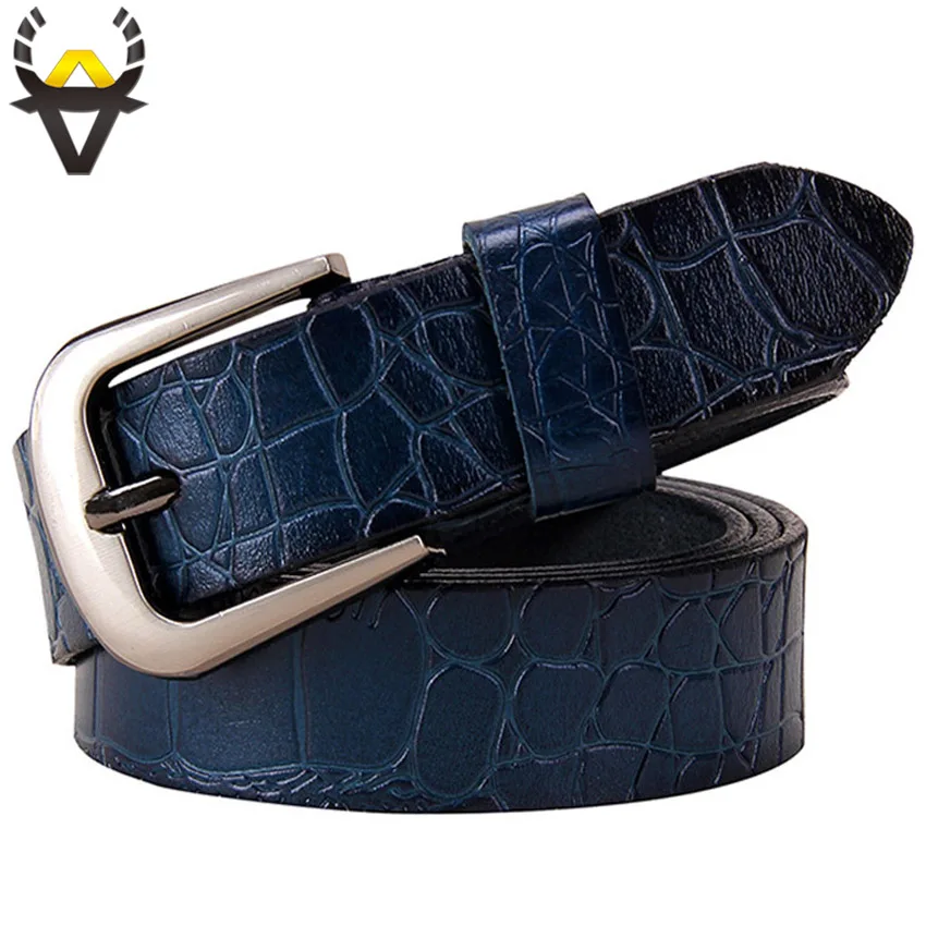 Genuine leather belts for women Fashion Pin buckle woman belt High quality second layer cow skin strap female width 2.8 cm Blue