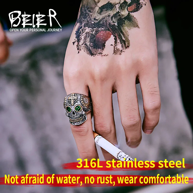 BEIER Stainless Steel Gothic Gold Color Carving kapala skull  Ring Biker Hiphop rock Jewelry Unique fashion Gift for men BR8-327