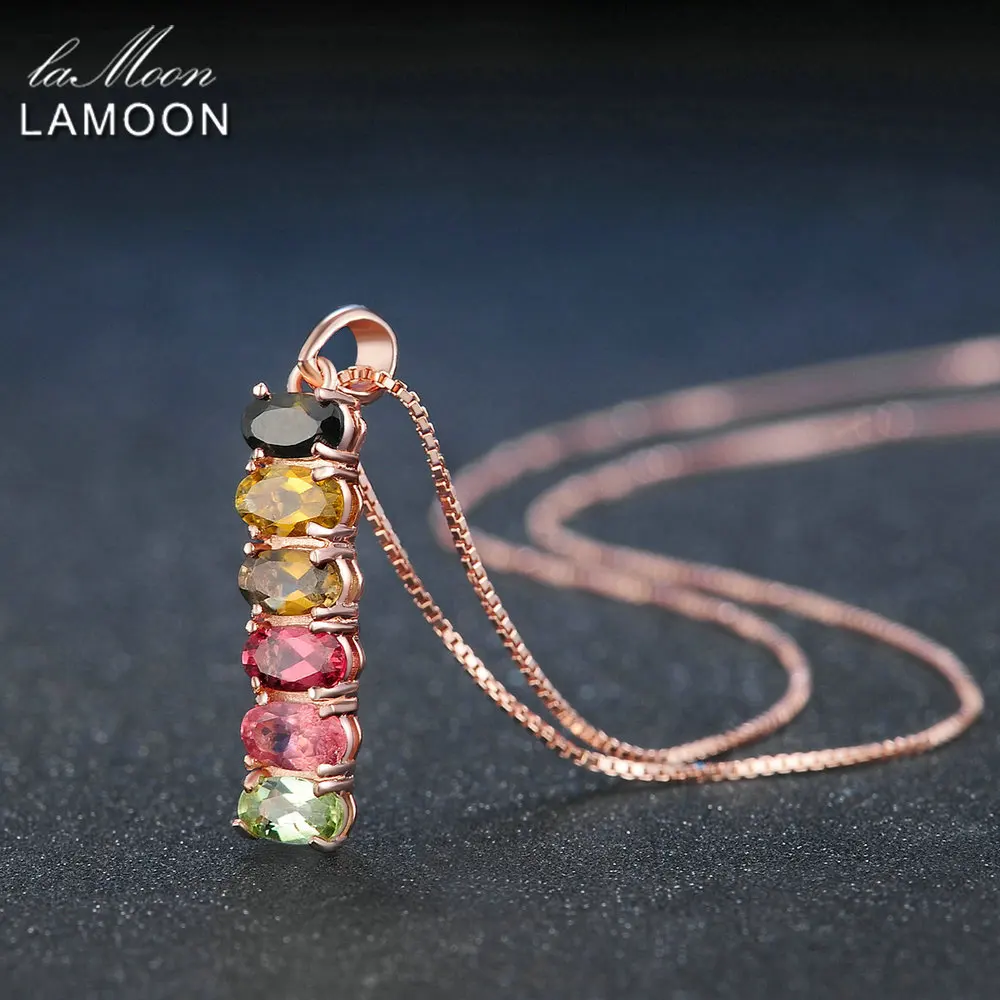 Lamoon Classic Natural Multi-Color Oval Tourmaline 925 Sterling Silver Chain Pendant Necklace Rose Gold Plated S925 LMNI048