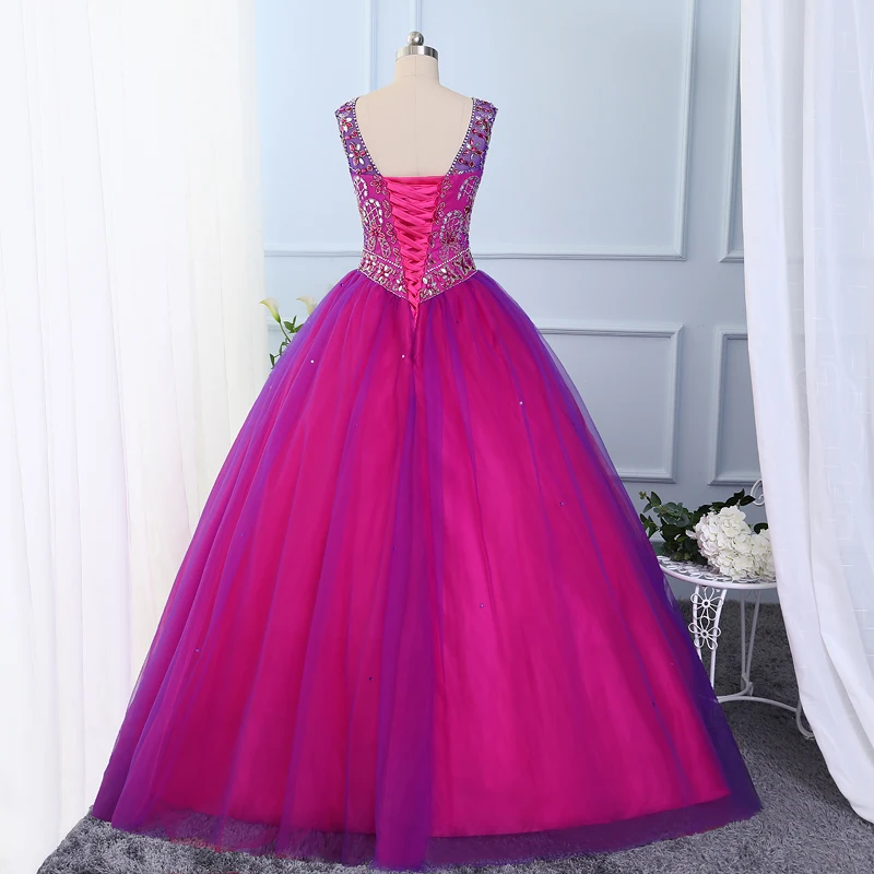 Jeweled-Vestido De quinceañera en capas De tul con cuentas, color fucsia, Morado, dulce, 16 vestidos De baile, escote redondo, verde, 2017