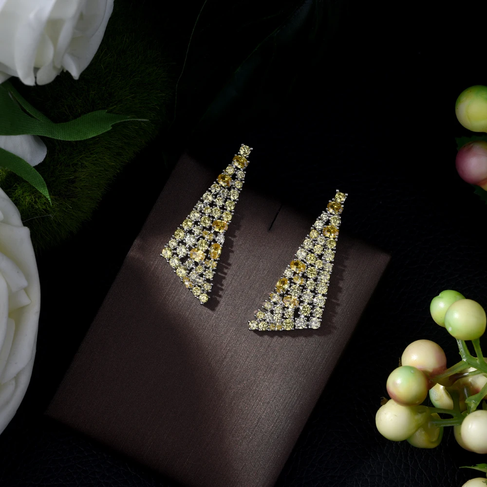HIBRIDE Luxury Long Yellow Earrings for Women Wedding Trendy Earring Water Drop Zircon Party Gift brincos para as mulheres E-420