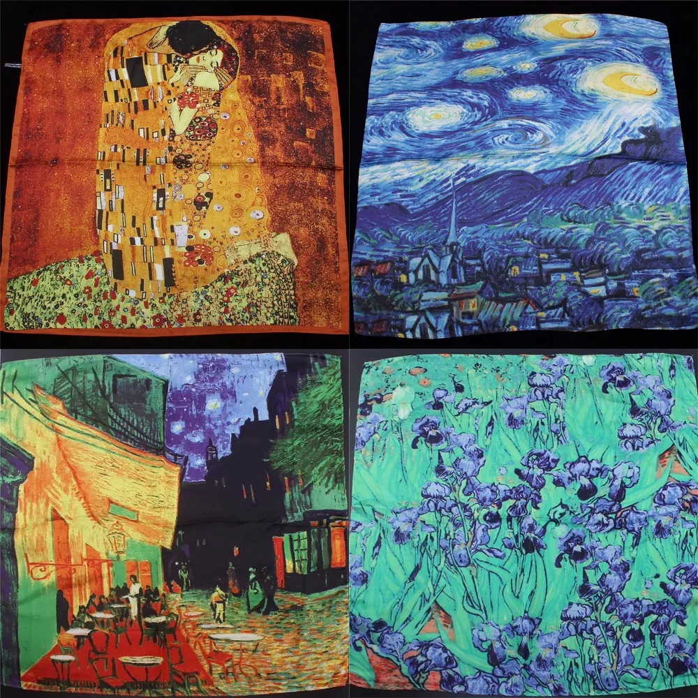 Van gogh obraz olejny jedwabny szalik Bandanna kobiety szalik moda kwadratowe chustki szalik na głowę krawat zespół profesjonalny szalik