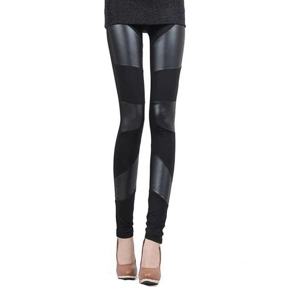 New Slim Fit Women Leggings Splicing Sexy Stretch Stripe Leggins Cotton Faux Leather Legging Pants