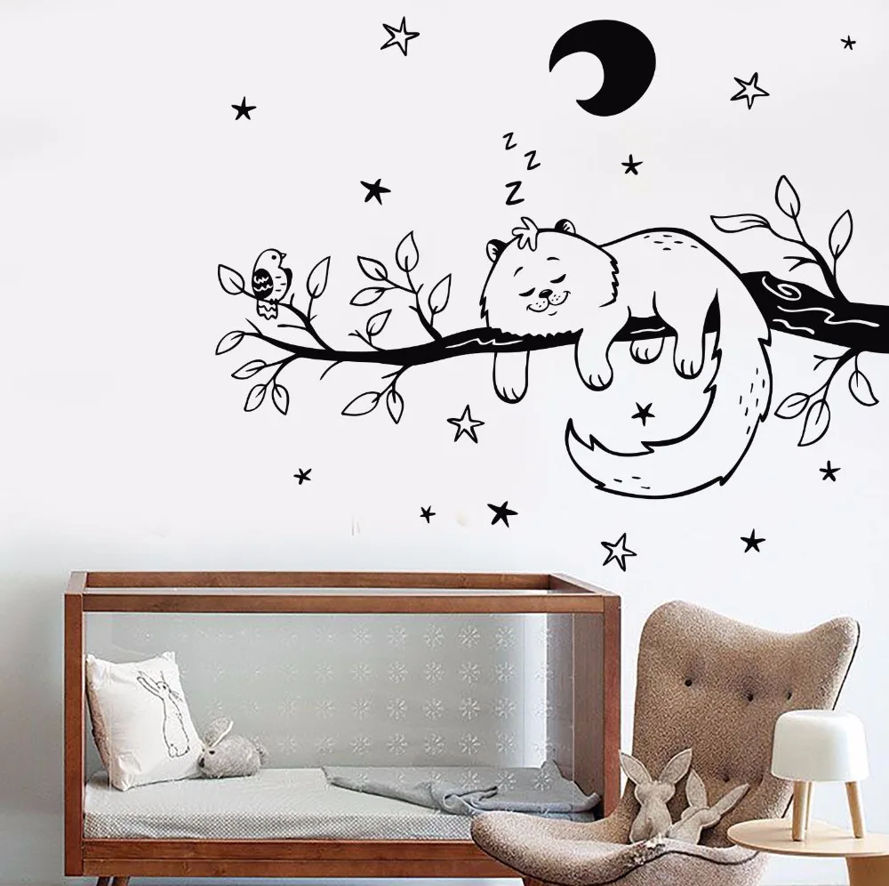 Newly Arrival Vinyl Wall Decal Europe Style Home Art Wall Cat Bird Tree Branch Night Stars Nursery Moon Stickers Hot Mural LA902