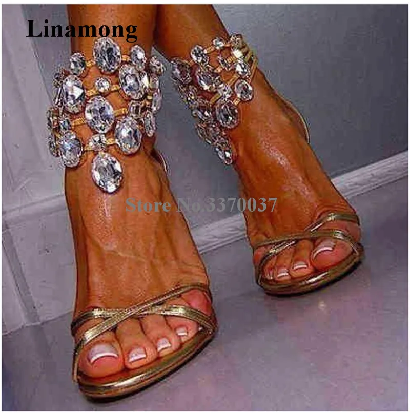 

Fashion Elegant Women Gold Straps Cross Rhinestone High Heel Sandals Crystal Beads Luxury Wedding Shoes Dress Shoes Big Size