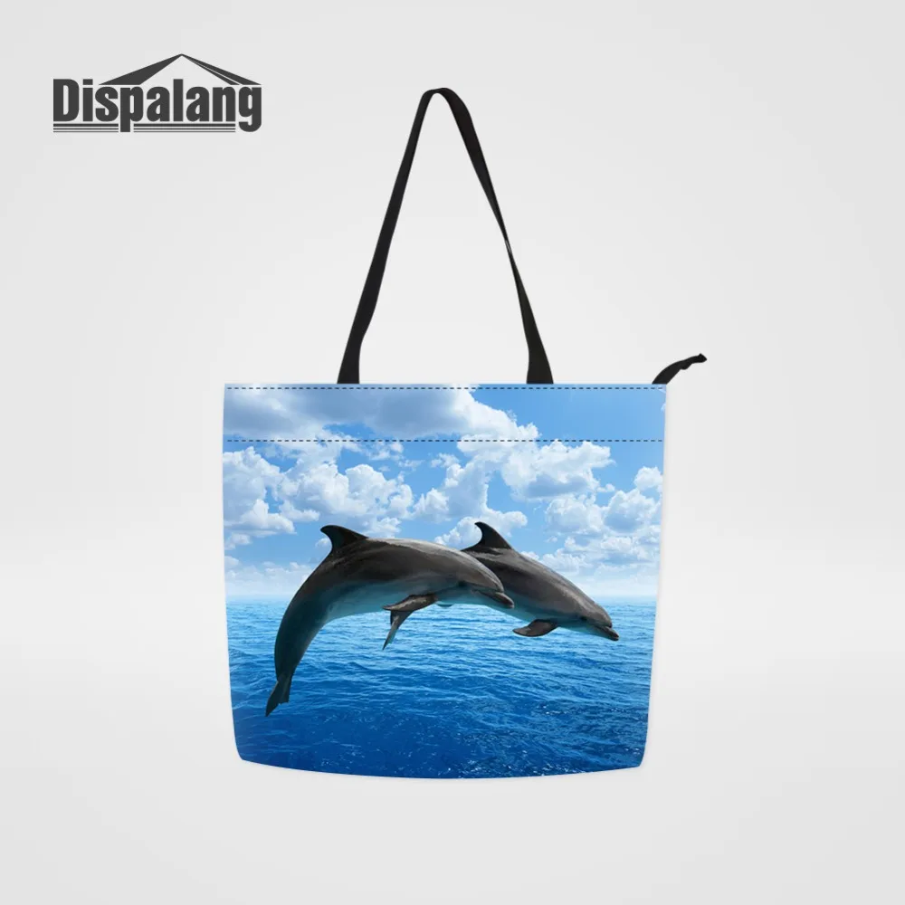 Dispalang Cute Lady Reusable Shopping Bag Dolphin Whale Animal Convenient Large Capacity Grocery Bags Womens Travel Organization