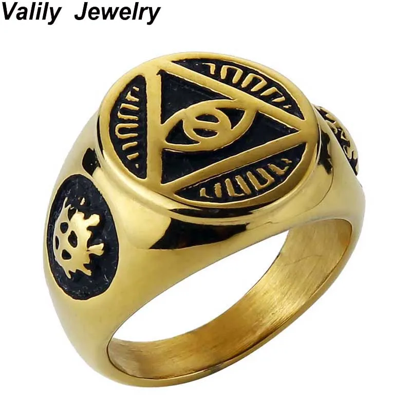 EdgLifU Mens Ring Illuminati Pyramid Eye Symbol Gold-color Rings Stainless steel Signet Ring Mens Jewelry bagues femme