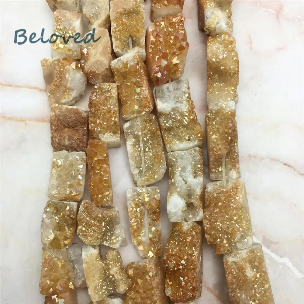 

15.5" Strand Rectangle Titanium Champagne Quartz Crystal Geode Beads,Druzy Raw Quartz Beads For Jewelry DIY,BG18251