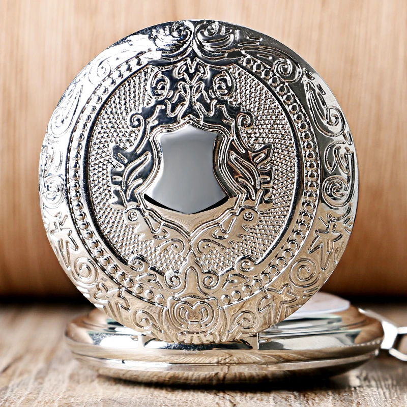 Luxury Silver Shield Pattern Round Dial Mechanical Pocket Watch Casual Antique Fob Watch For Men Women montre de poche mécanique
