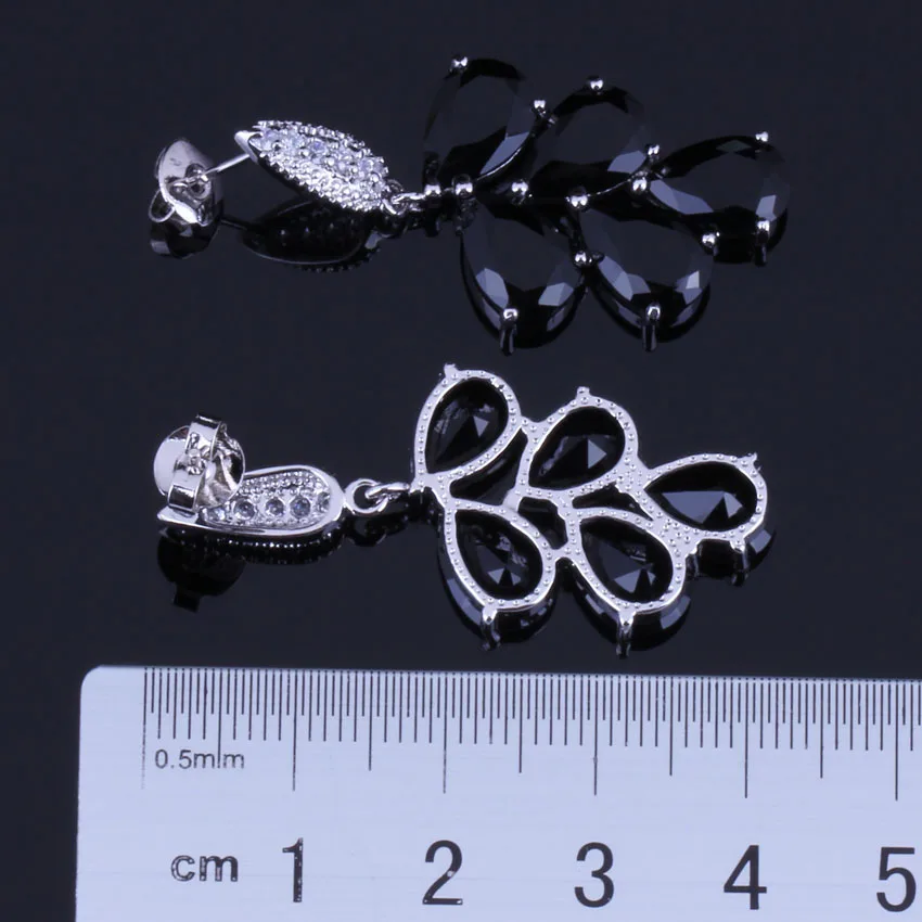 Enchanting Big Black Cubic Zirconia White CZ Silver Plated Drop Dangle Earrings V0338