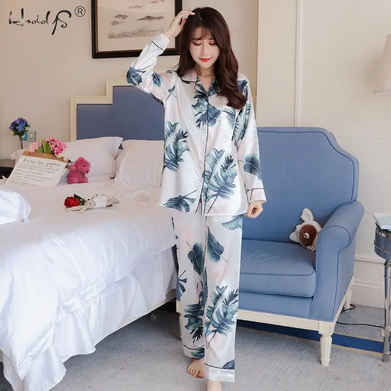 Plus Size M-5XL Pyjamas Autumn Winter Women Silk Satin Tops +Long Pants Pajamas Set NightSuit Female Sleepwear Sets Night Wear