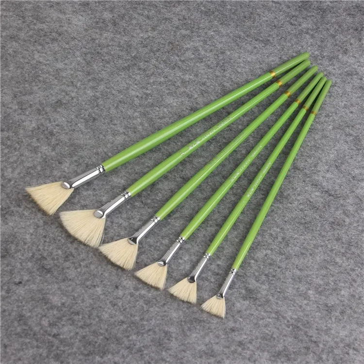 

6pcs/set Fresh green pig bristle fish tail fan shap oil painting gouache watercolor Acrylic brush Art painting supplies