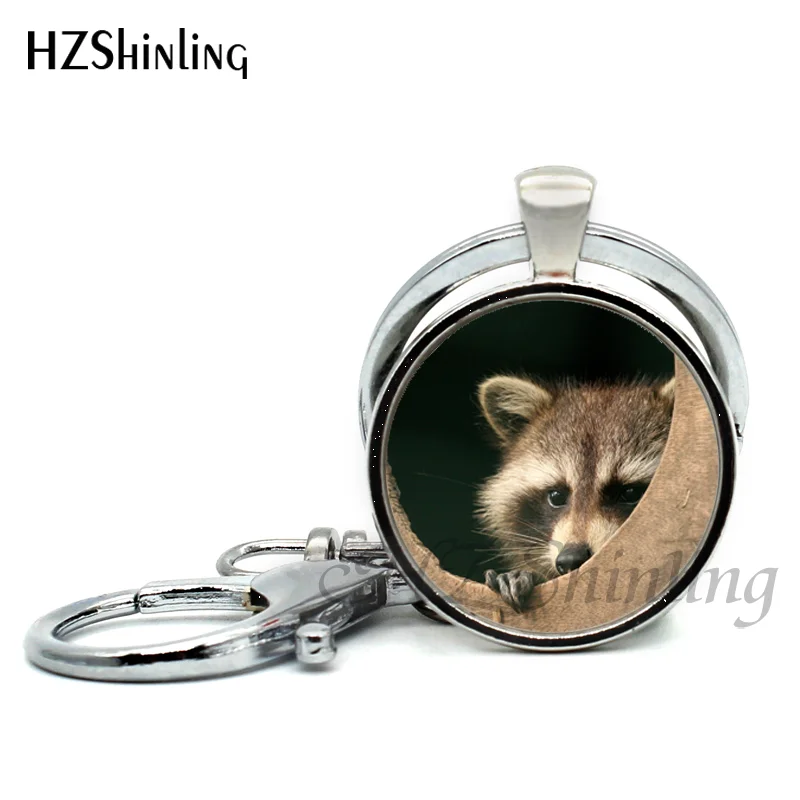 2017 New Arrival Common Raccoon Keychains Raccoon Jewelry Cute Animal Glass Dome Key ring Wholesale