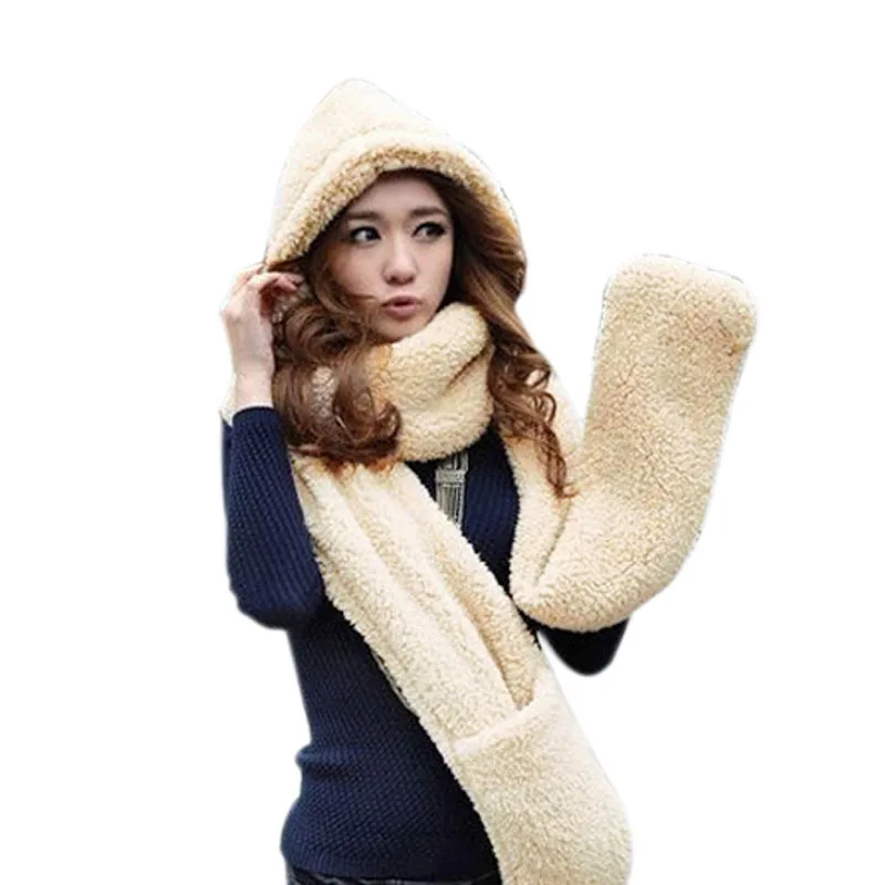 Winter Warm Vrouwen Hoodie Handschoenen Pocket Oorklep Hoed Lange Sjaal Snood Wraps Vrouwen Winter Handschoenen Muts Sjaal