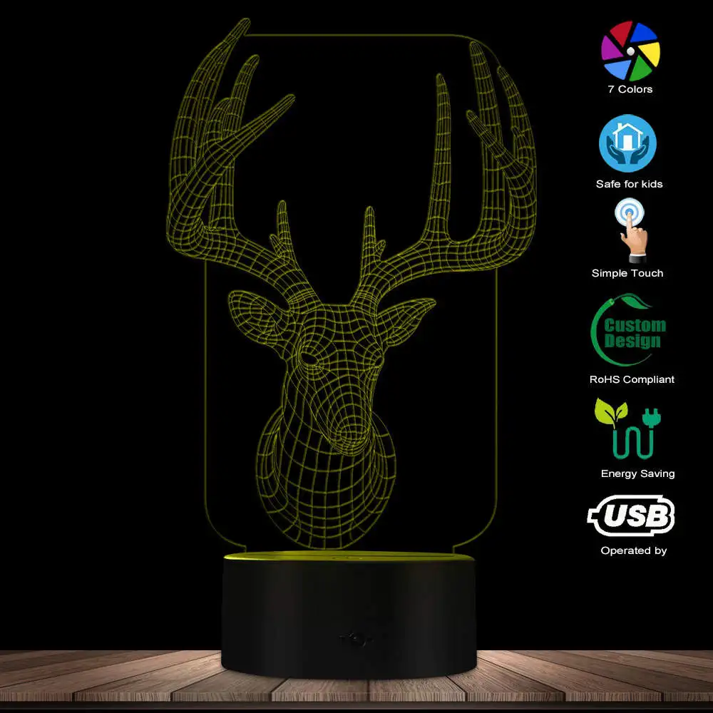 

Deer Head 3D Optical Lamp Animal Modern Light With Colorful Discoloration Antler LED Illuminated Display For Hunter Hunting Gift