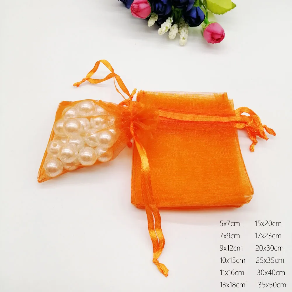 1000pcs Designer Orange Organza Drawstring Bags Gift Pouch Wedding Party Favors Christmas Sachet Packaging Displays Wholesale