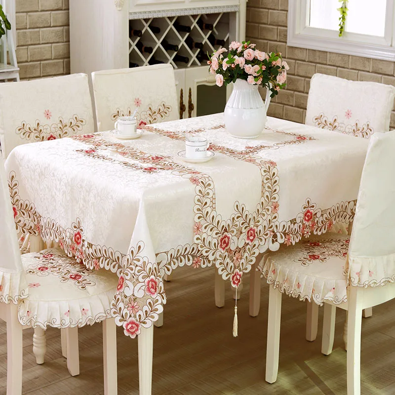 European 1Pcs Satin Silk Table Cloth Beige Lace Embroidery Hollow Out Flower Tablecloth Wedding Decor Desk Furniture Dust Cover