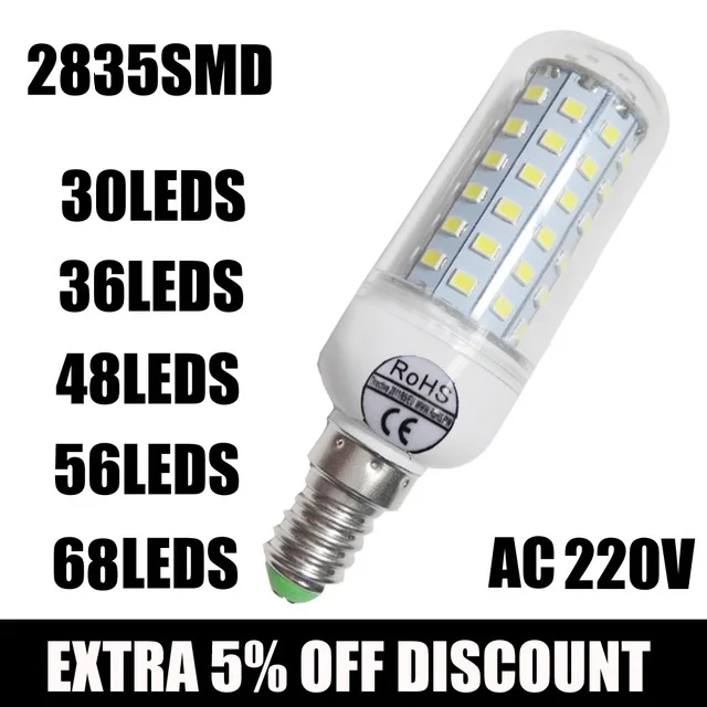 Hot Wholesale Full NEW 2835 SMD LED Corn Bulb 220V LED lamp E27 E14 30/36/ 48/ 56/ 68leds led candle bulb